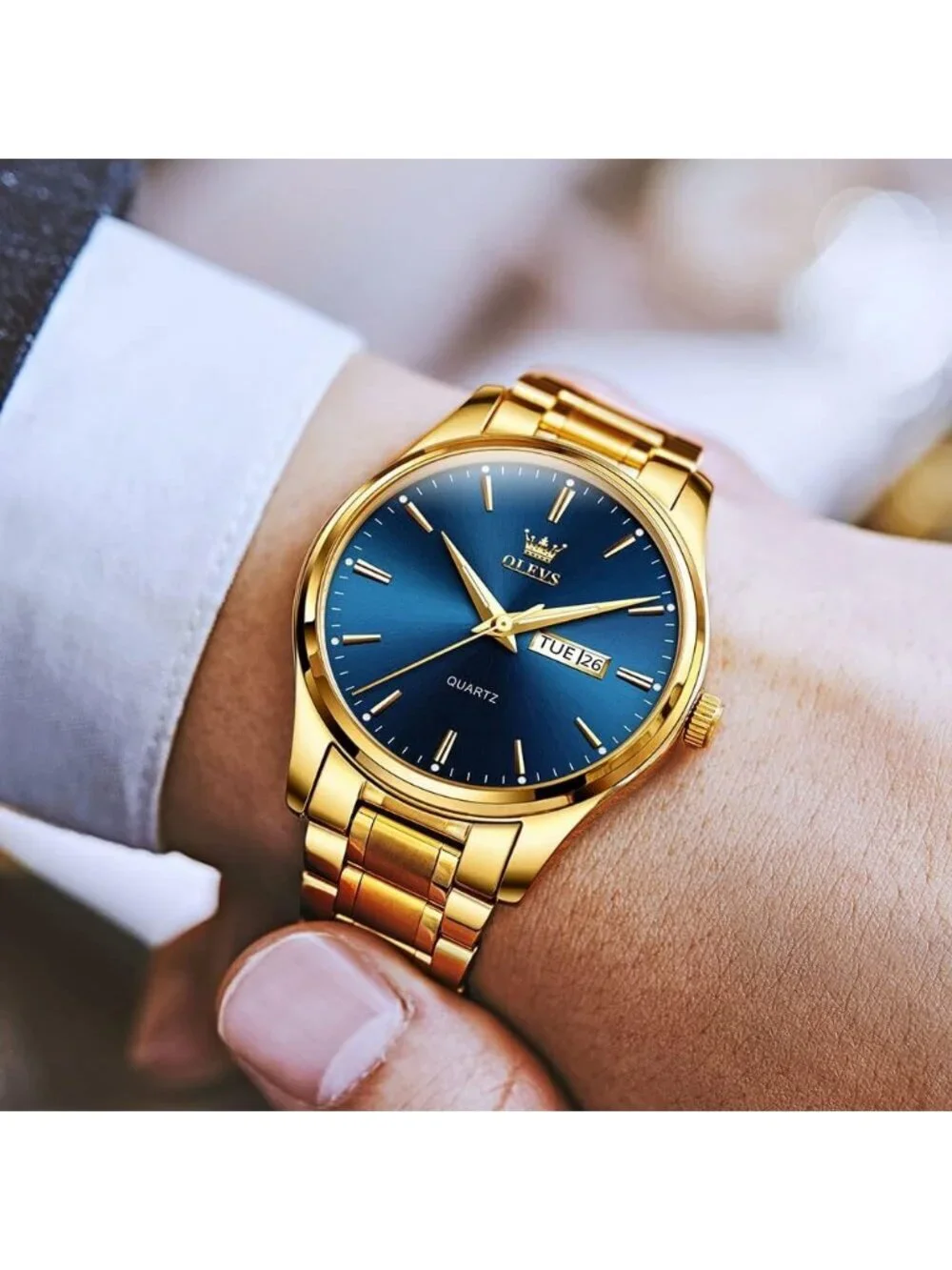 Men's Gold Blue Stainless Steel Analog Quartz Classic Waterproof Round Watch